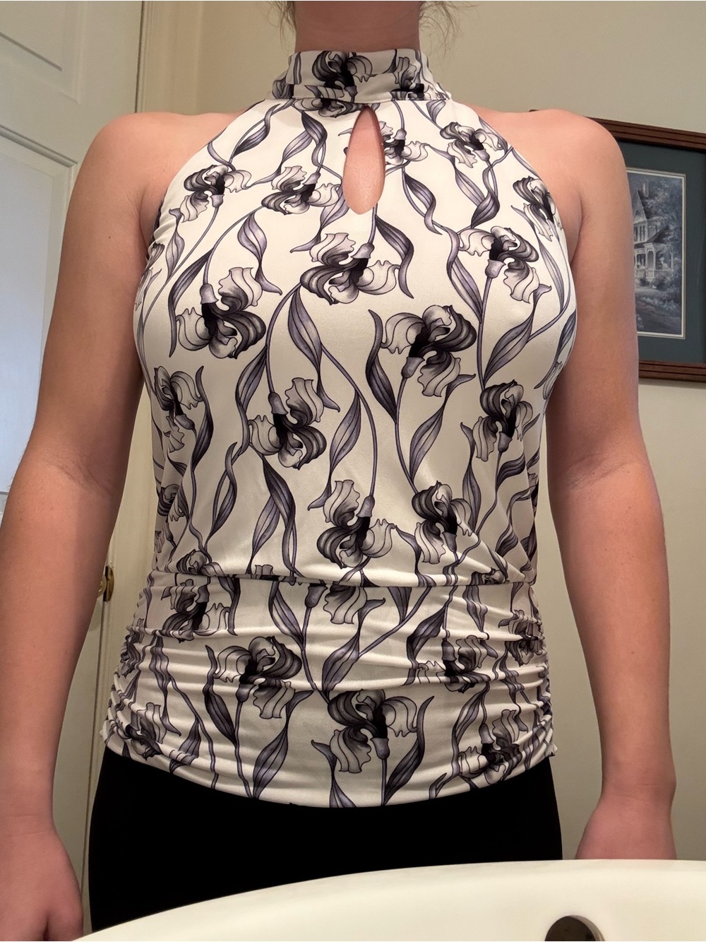 White House Black Market White and Black Floral Halter Camisole
